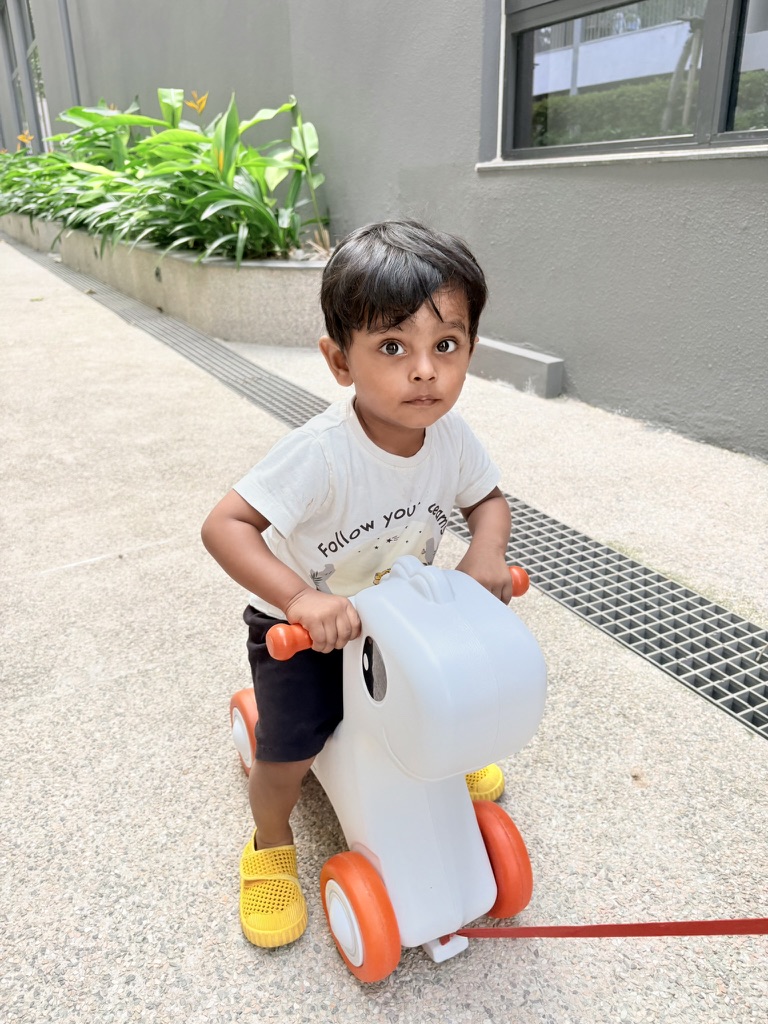 Satyartha riding a white toy